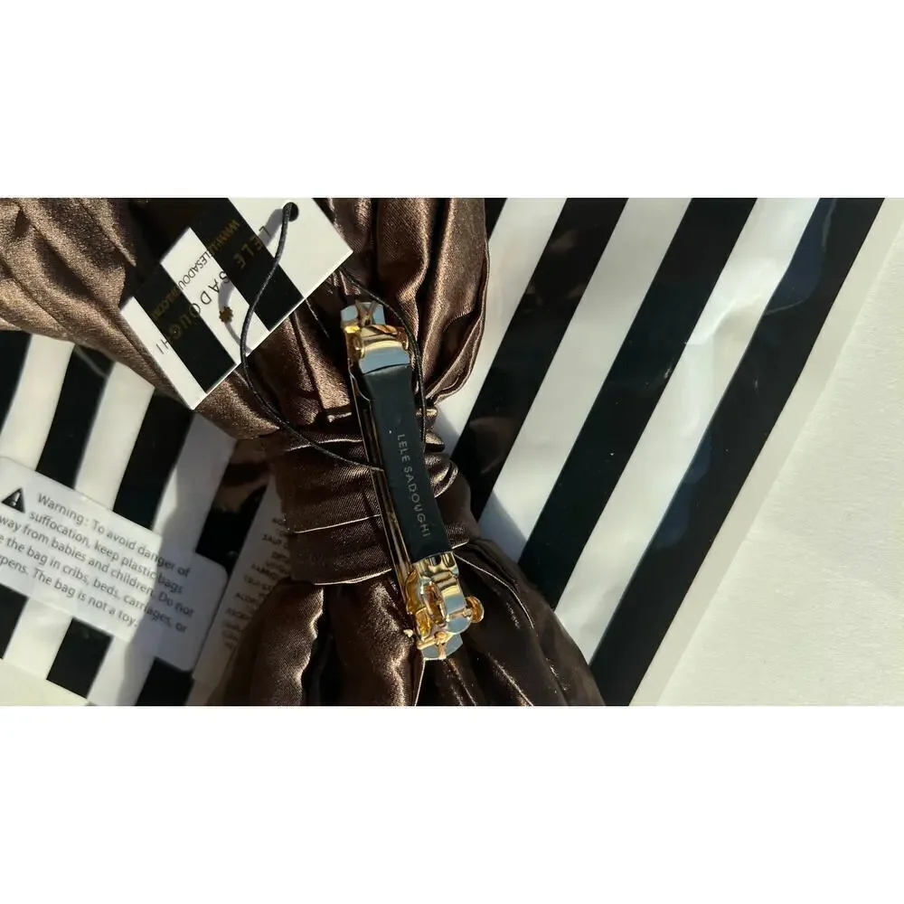 Lele Sadoughi Silk Brown Crystal Bow Barrette Gold Logo NWT
